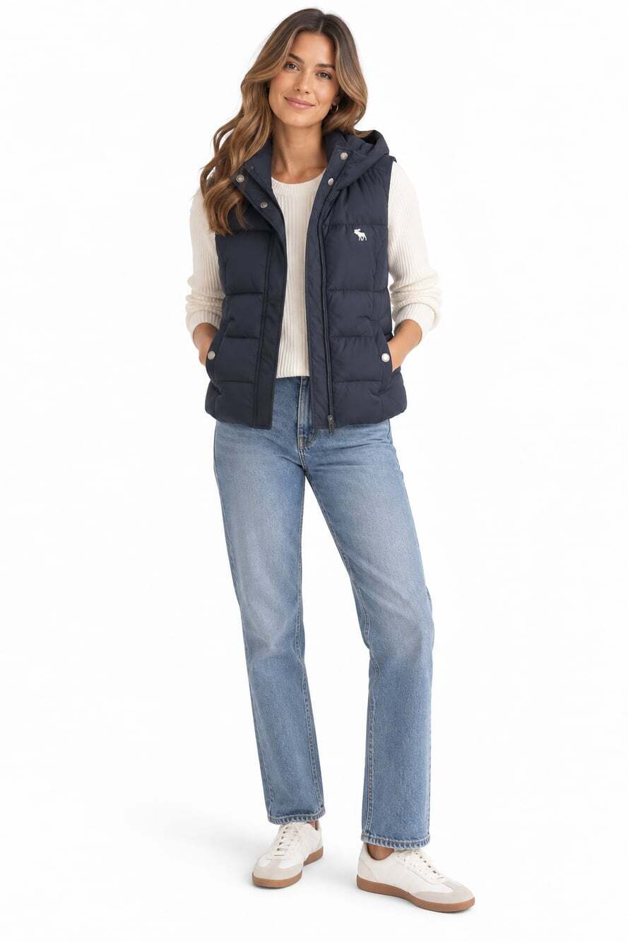 Abercrombie & Fitch Women's Y2K Navy Hooded Puffer Vest Moose Logo (Size L)